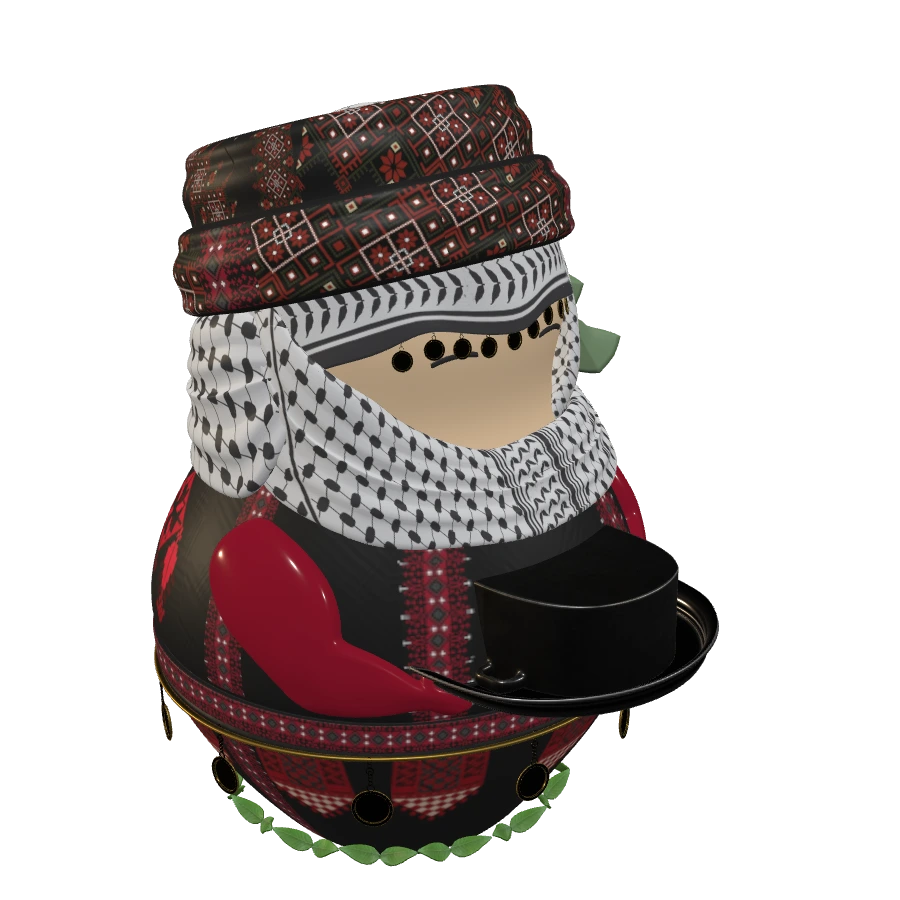 Reema, a character in an embroidered dress and keffiyeh