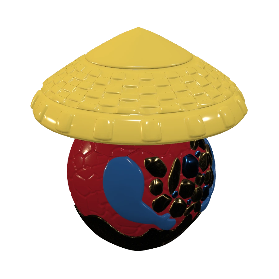 Suka, a round creature with a woven straw hat